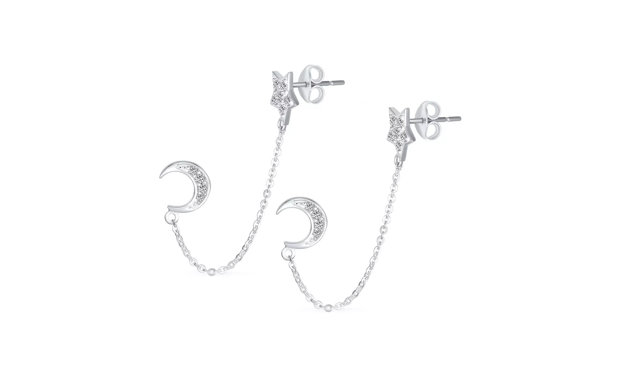 Helix Moon Star Earlobe Cartilage Earrings Stud .925 Sterling Silver - Primary Image