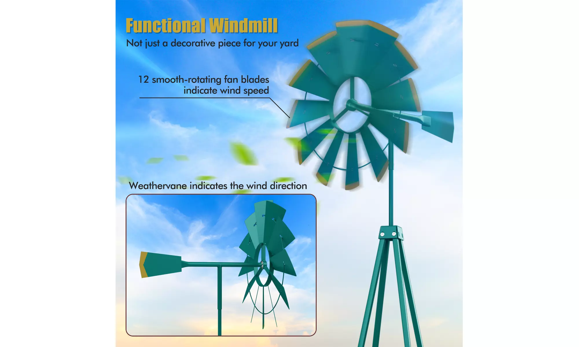 Costway 8Ft Tall Windmill Ornamental Wind Wheel Silver Garden Weather Vane