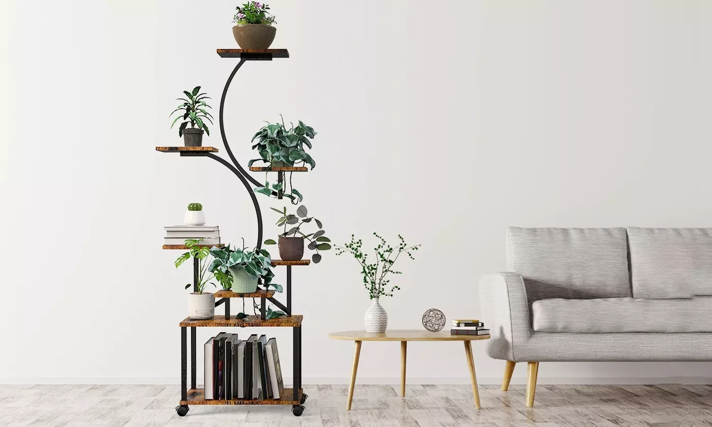 iMounTEK 8-Tier S-Shaped Metal Plant Stand with Grow Lights & Rolling Wheels