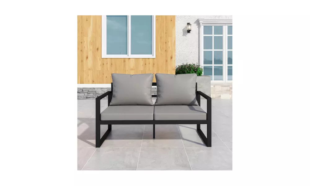 Patio Furniture Metal Couch, 2-Seat All-Weather Outdoor Black Metal Sofa Chair - Primary Image