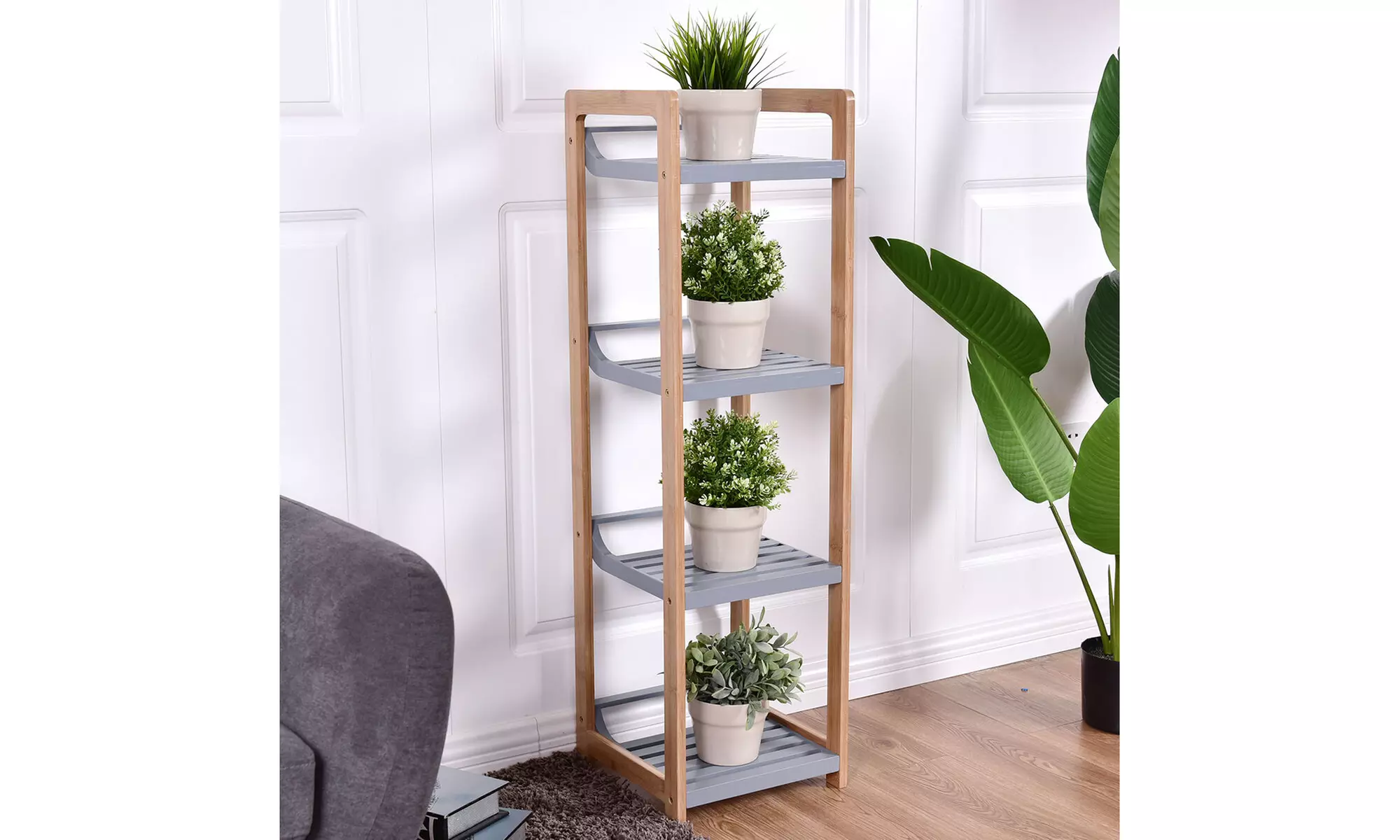4 Tier Multifunction Storage Tower Rack Shelving Shelf Units Stand Bamboo - Primary Image