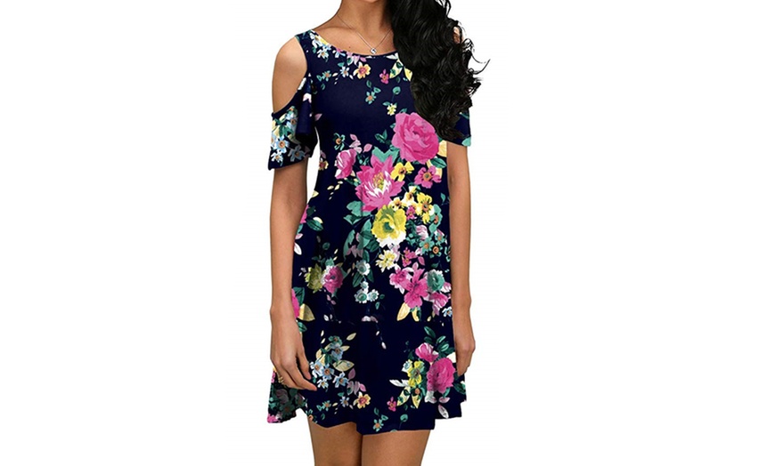 Image 4: Womens Summer Casual Dresses Cold Shoulder Short Sleeve Swing Mini Dresss