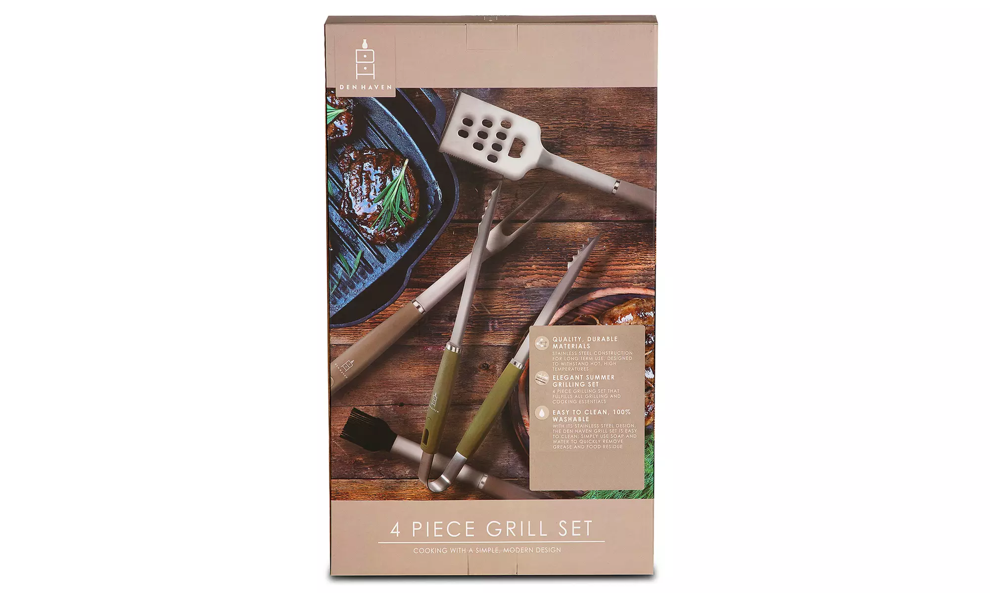 Stainless Steel BBQ Grill Tool Set - 4 Piece - Tongs, Brush, Spatula, Meat Fork - Second Medium