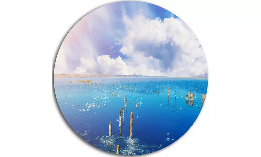 Blue Salt Lake under Clouds' Large Seascape Art Metal Circle Wall Art - Second Medium