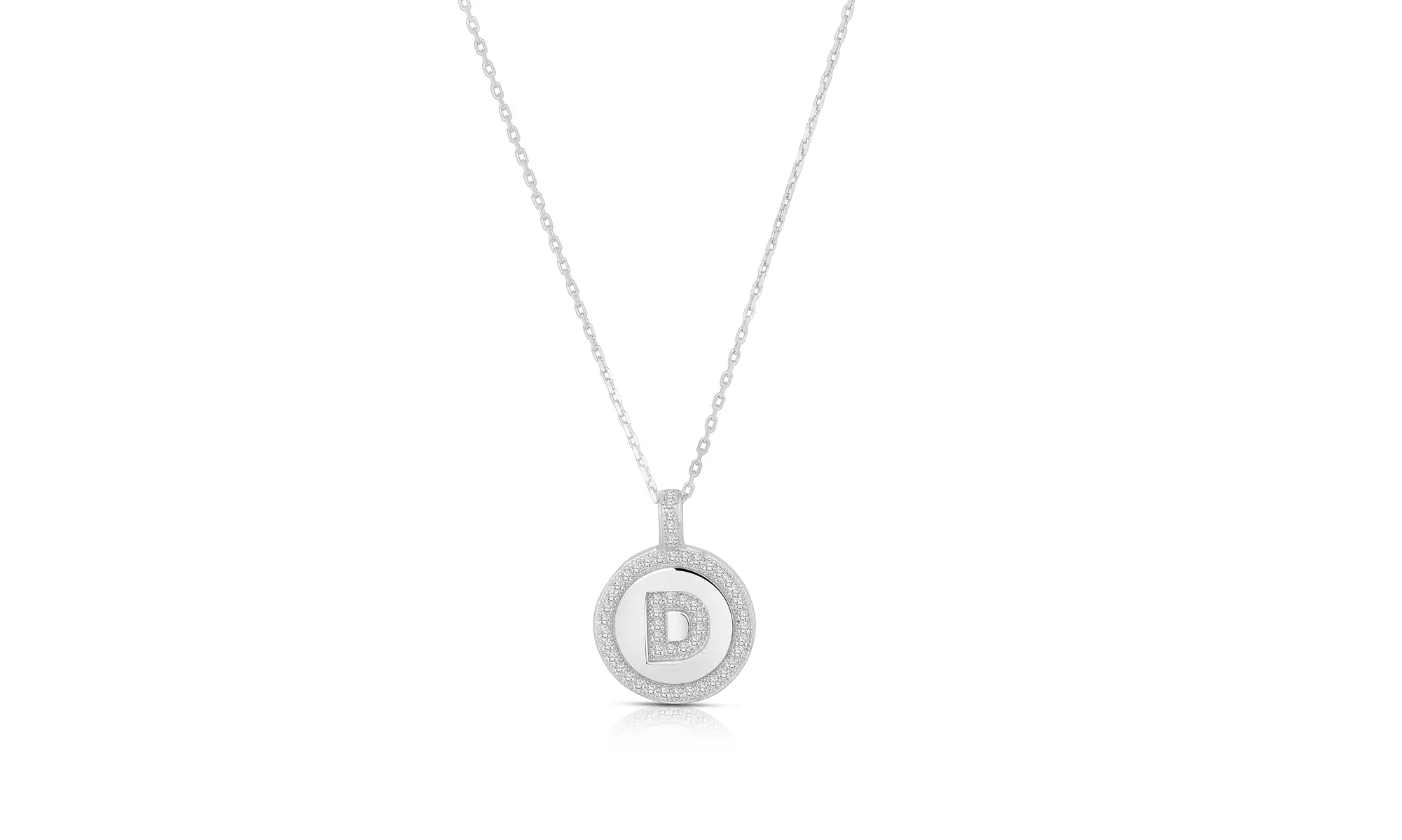 Sterling Silver Crystal Round Disc Initial Pendant Necklace