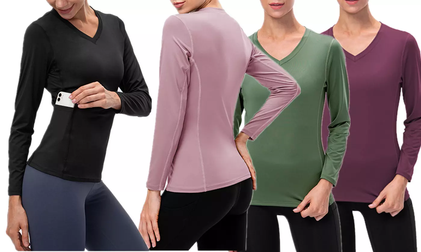 Women's Long Sleeve Pocket Yoga Shirt Slim Fit Athletic Workout Base Layer Tops - Primary Image