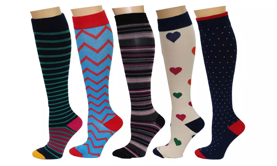 REXX Women's Patterned Knee-High Compression Socks (5-Pack)