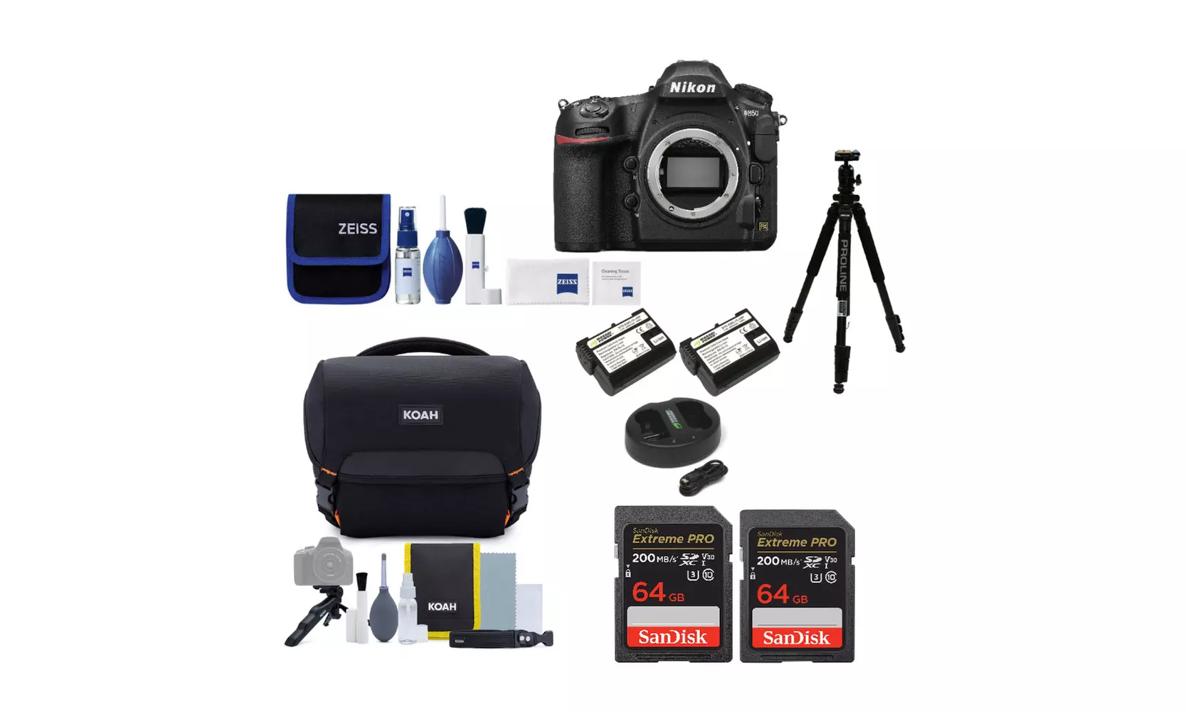 Nikon D850 DSLR Camera Body with 64GB Extreme Pro Cards and Accessory Bundle - Primary Image