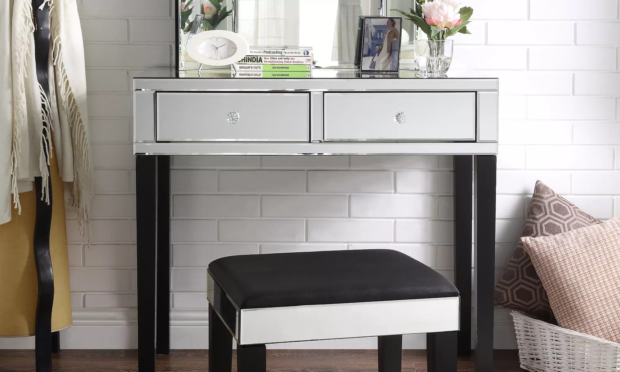 Portia Mirrored Vanity Set with Trifold Mirror (3-Piece) - Primary Image