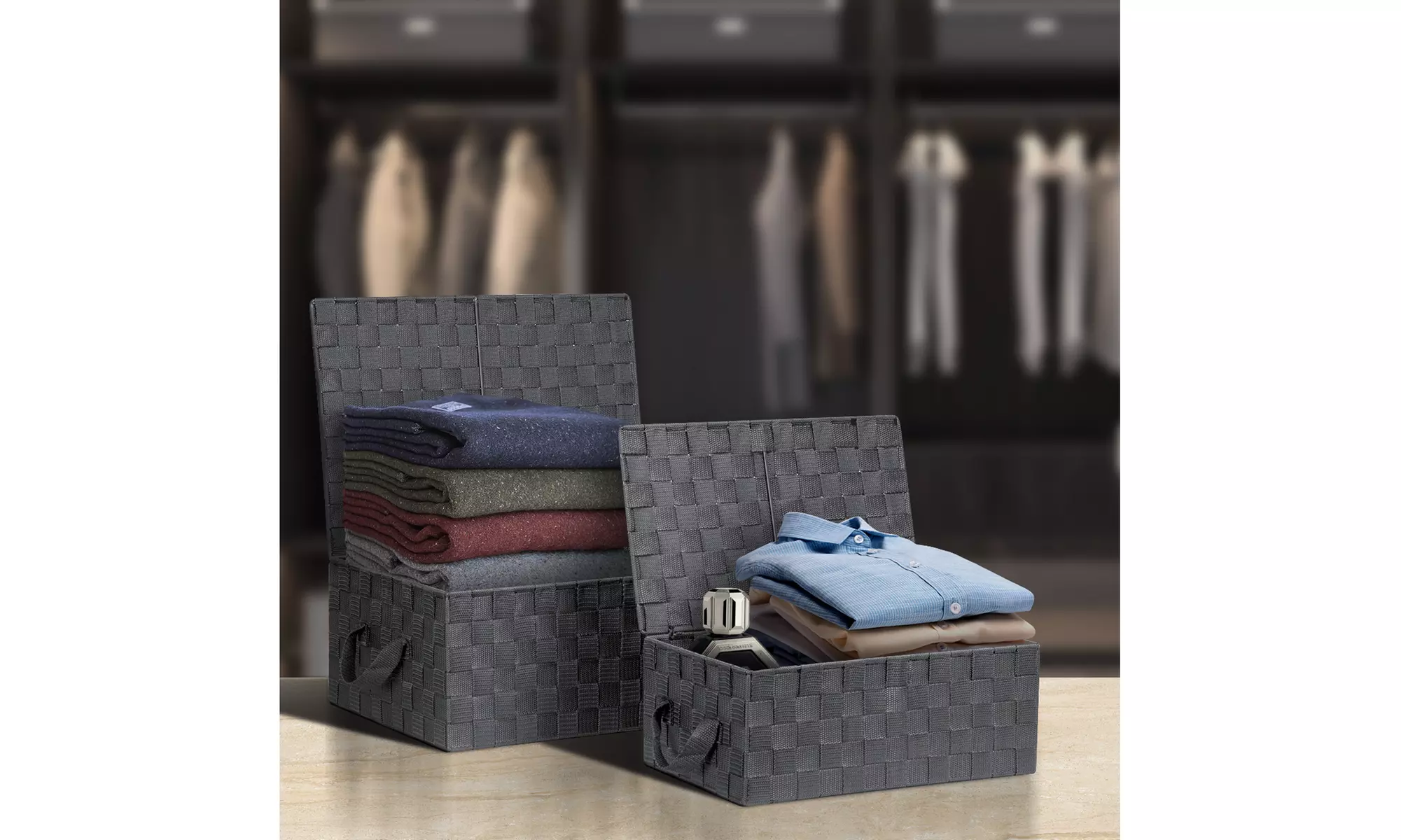 3-Pack Storage Box w/ Lid for Closet & Shelves - Woven Fabric Basket Organizer