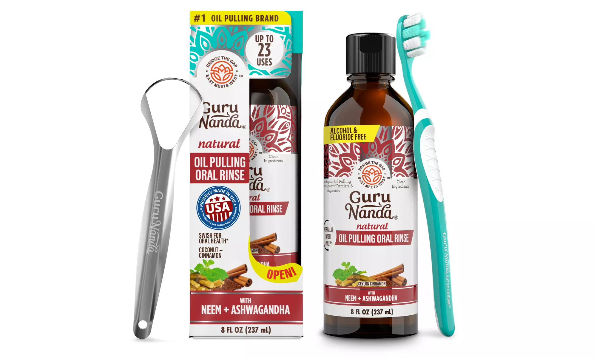 GuruNanda Cinnamon Oil Pulling with Ashwagandha and Neem - 8.0 Fl. Oz.