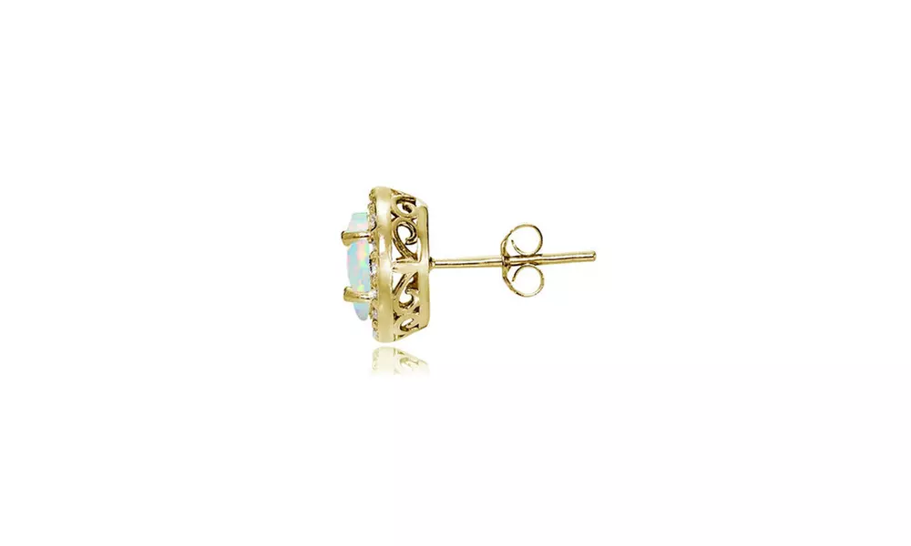 Synthetic White Opal & CZ Oval Halo Stud Earrings in Gold Flash Sterling Silver - Second Medium