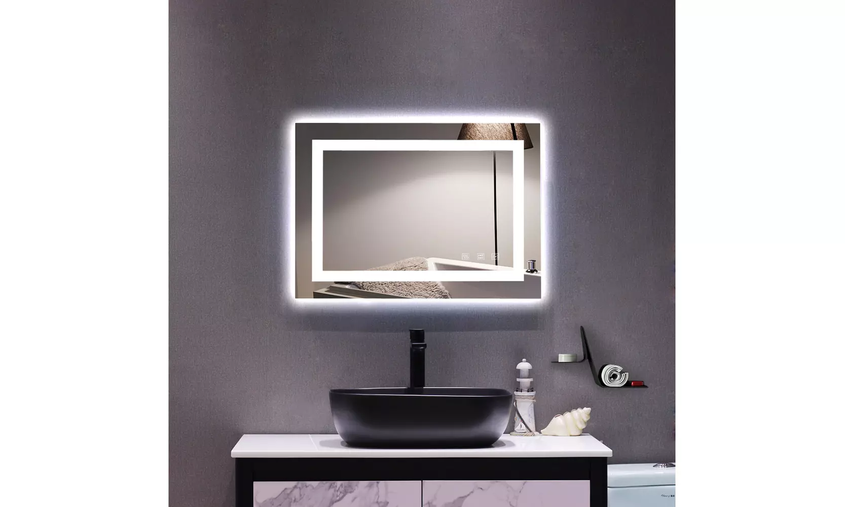 Square Touch LED Bathroom Mirror, Tricolor Dimming Lights - Primary Image