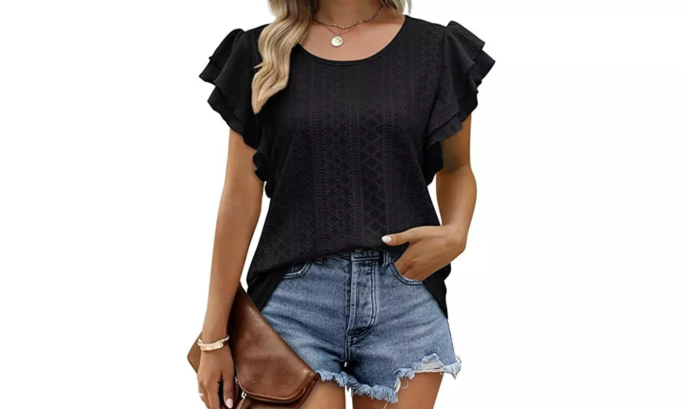 Women Ruffle Short Sleeve Dressy Tunic Tops Casual Loose Crew Neck Tees Shirts