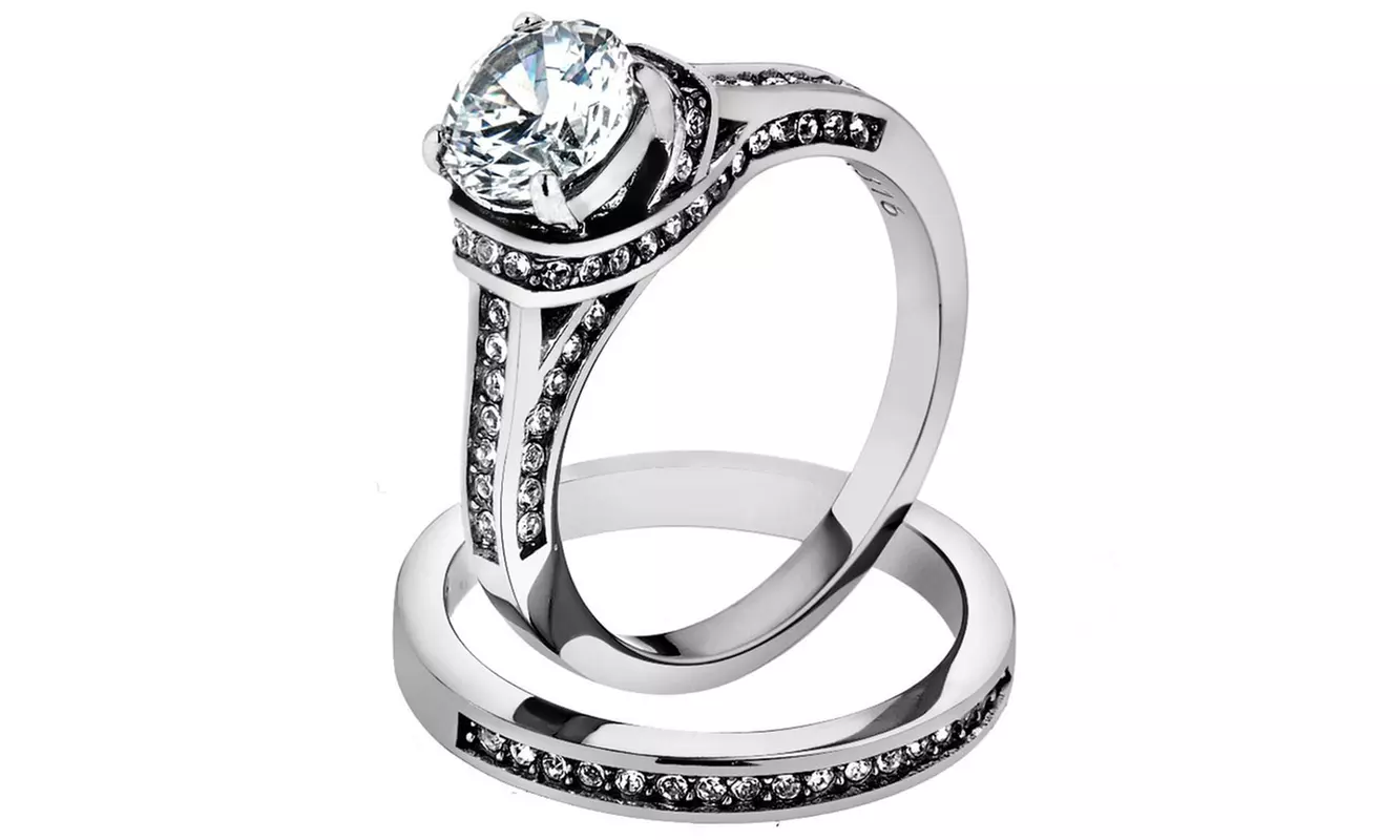 His & Hers Stainless Steel 3 Piece Cz Wedding Ring Set and Eternity Wedding Band