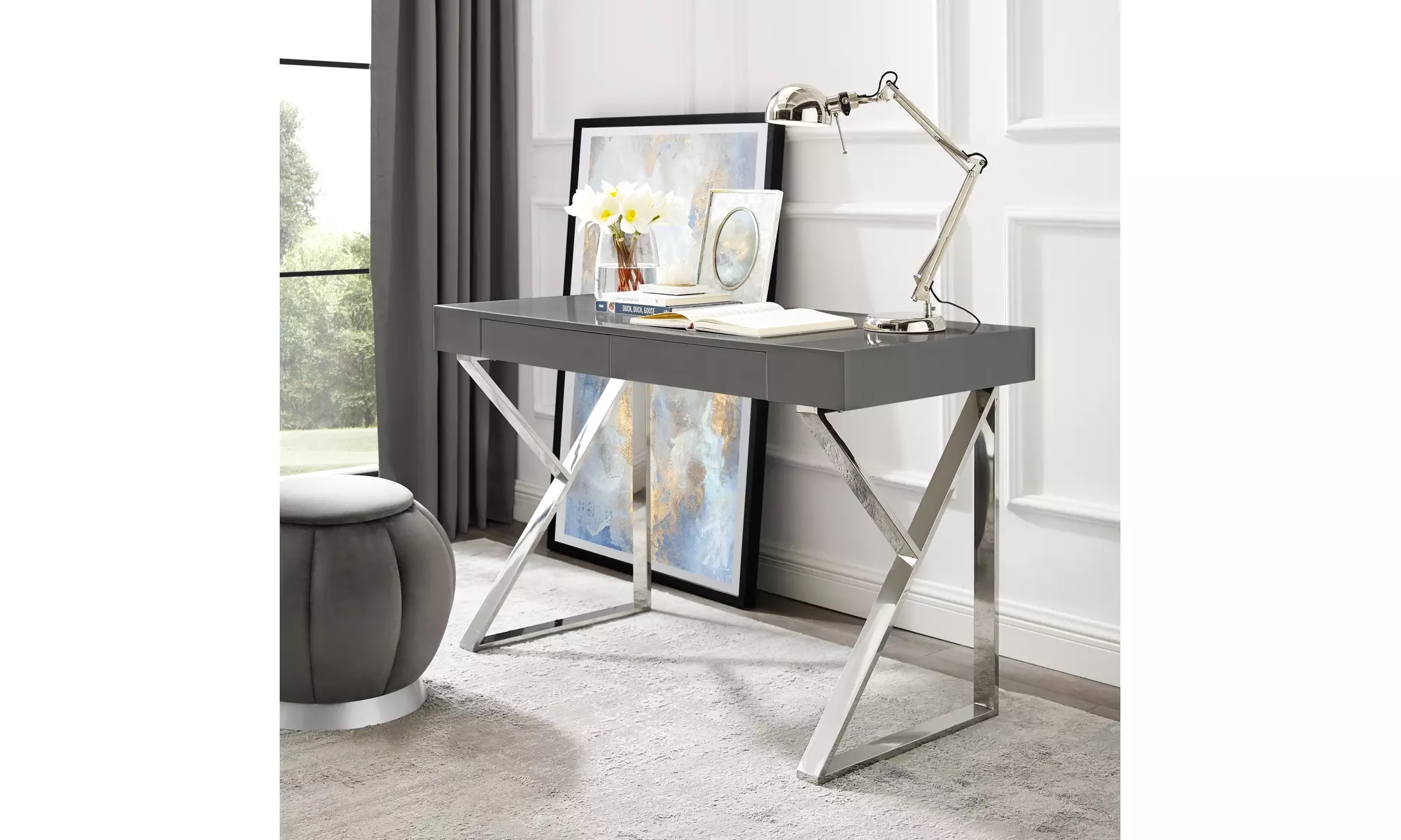 Jennifer High Gloss Desk with Polished Stainless Steel Base - Primary Image