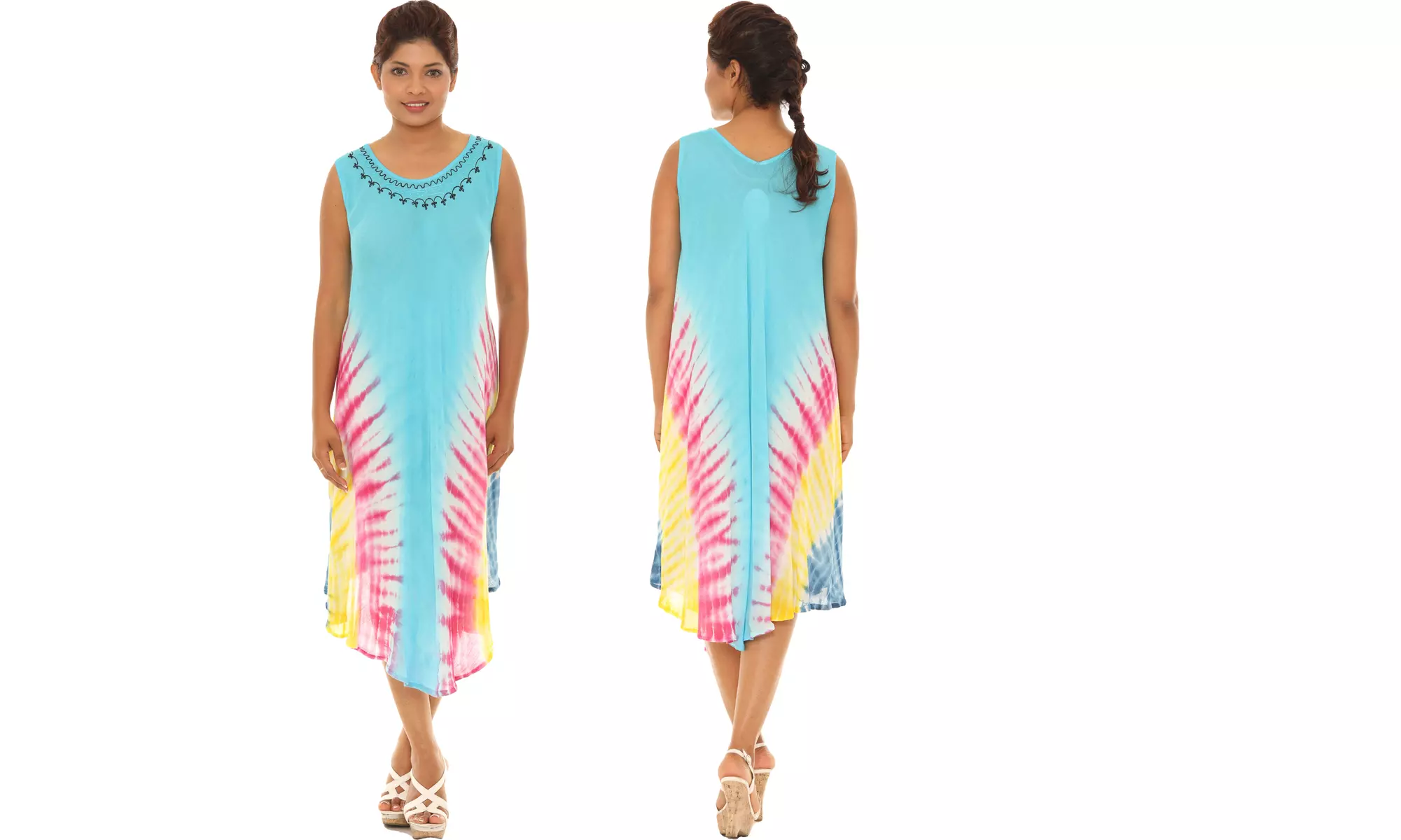 Women's Chevron Stripe Tie Dye Tank Dresses With Embroidered Neckline