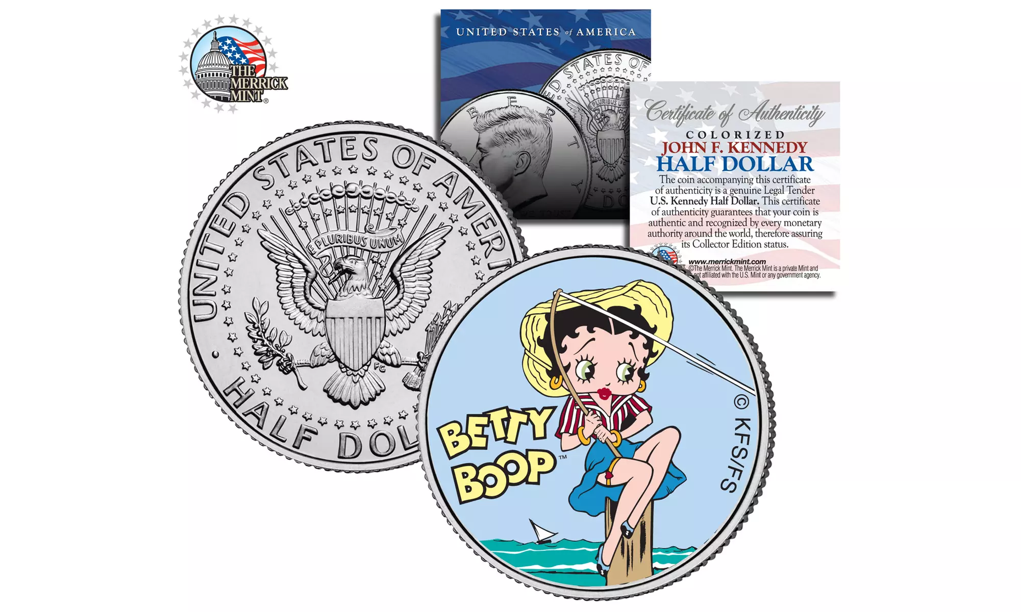 Betty Boop Collectibles - Choice of JFK Half Dollar or 3-Coin State Quarter Set