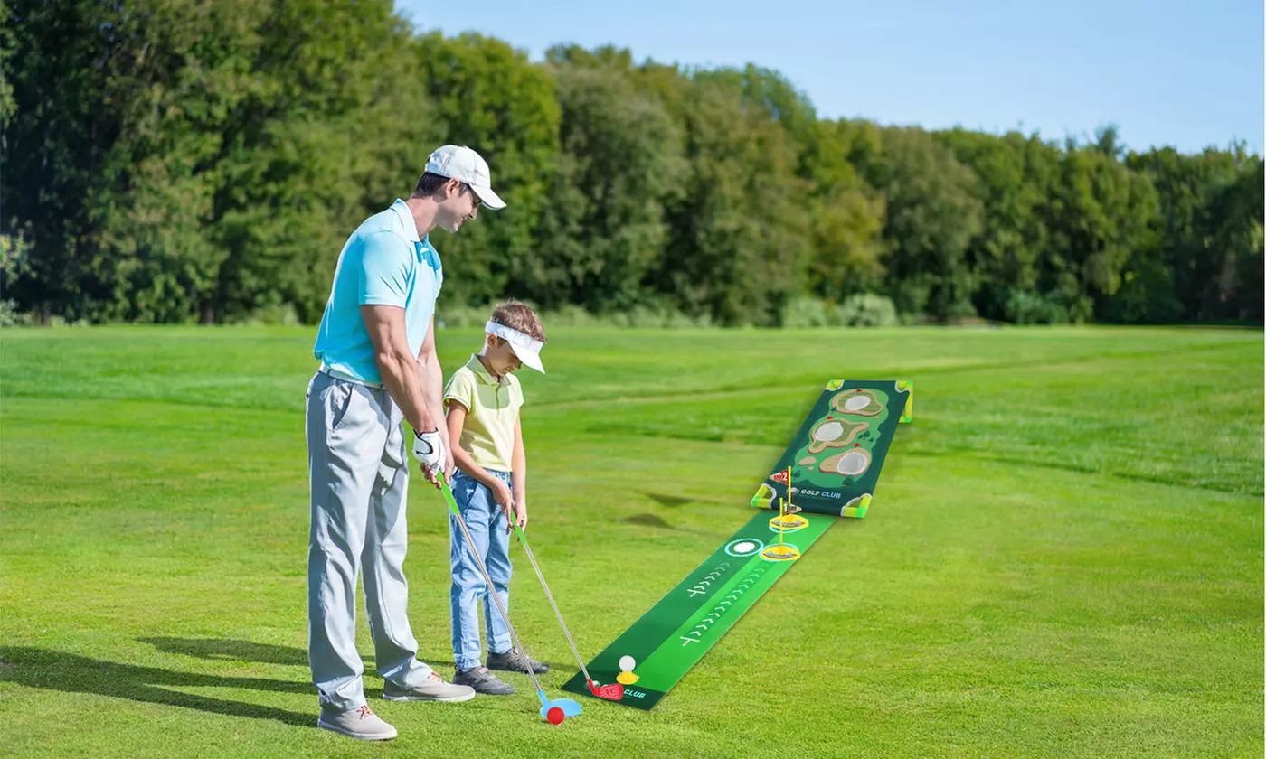 iMounTEK Kids Golf Play Set with Clubs Balls Putting Mat and Cornhole Game