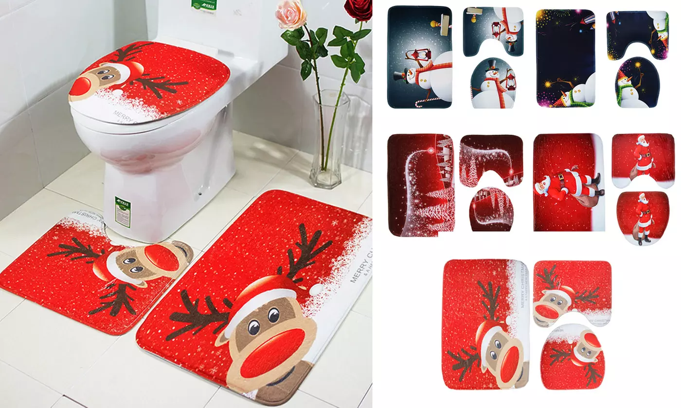 3 PCS Set Christmas Xmas Decoration Santa Toilet Seat & Cover & Rug Bathroom Mat - Primary Image