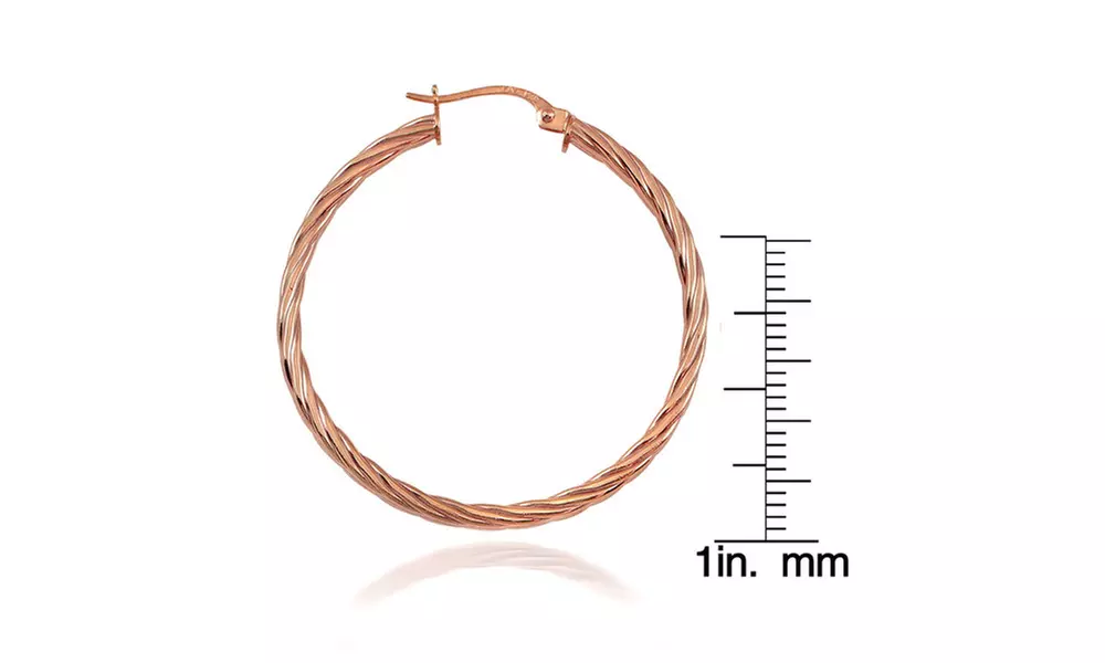 Rose Gold Flash Sterling Silver 3mm Twist Design Polished Hoop Earrings, 35mm - Second Medium