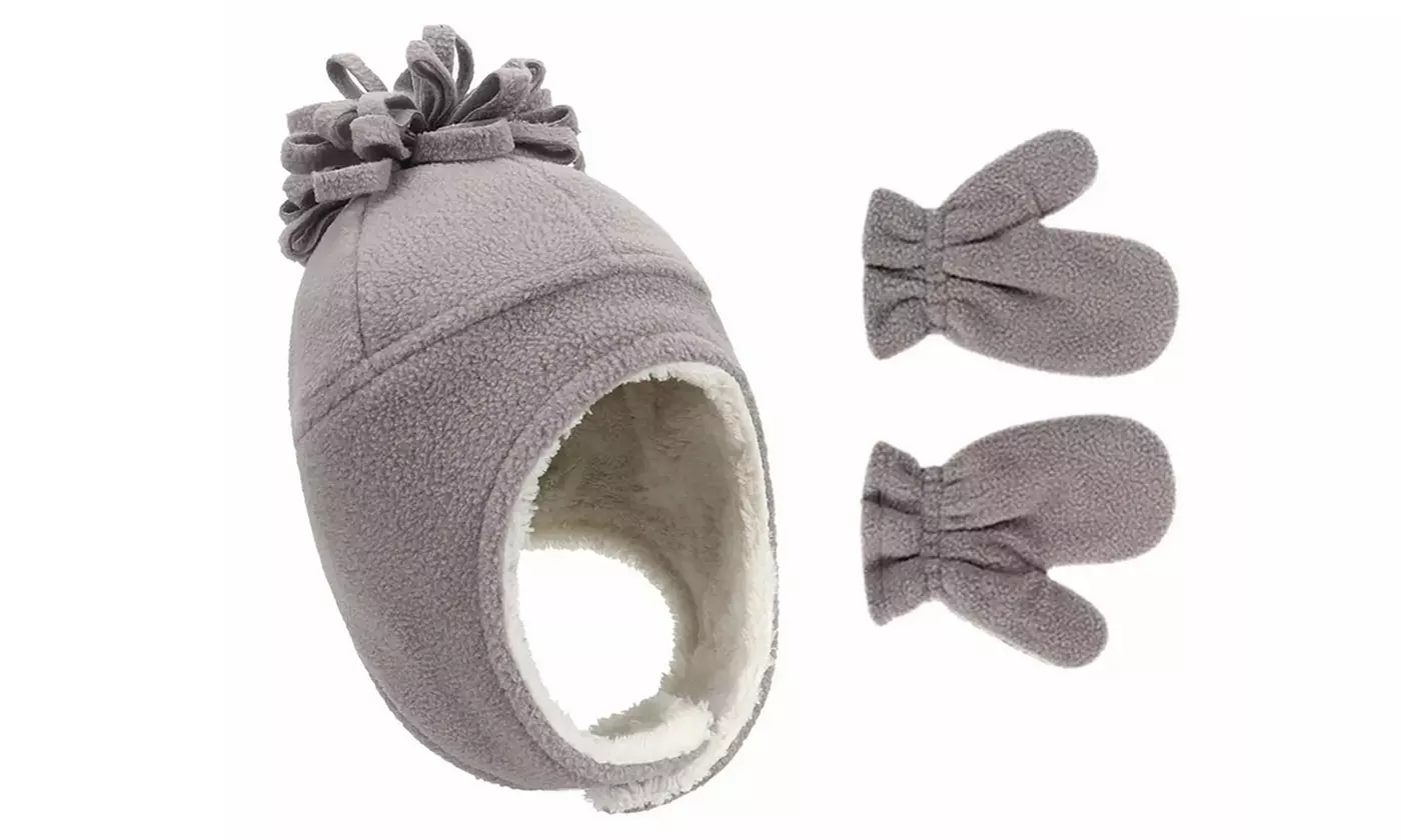 Baby Kids Winter Warm Sherpa Lined Warm Fleece Pilot Hat and Mittens Sets
