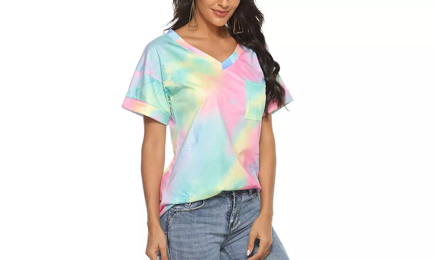 Women Summer Short Sleeve T Shirt V Neck Blouse Gradient Casual Loose Top Tee US