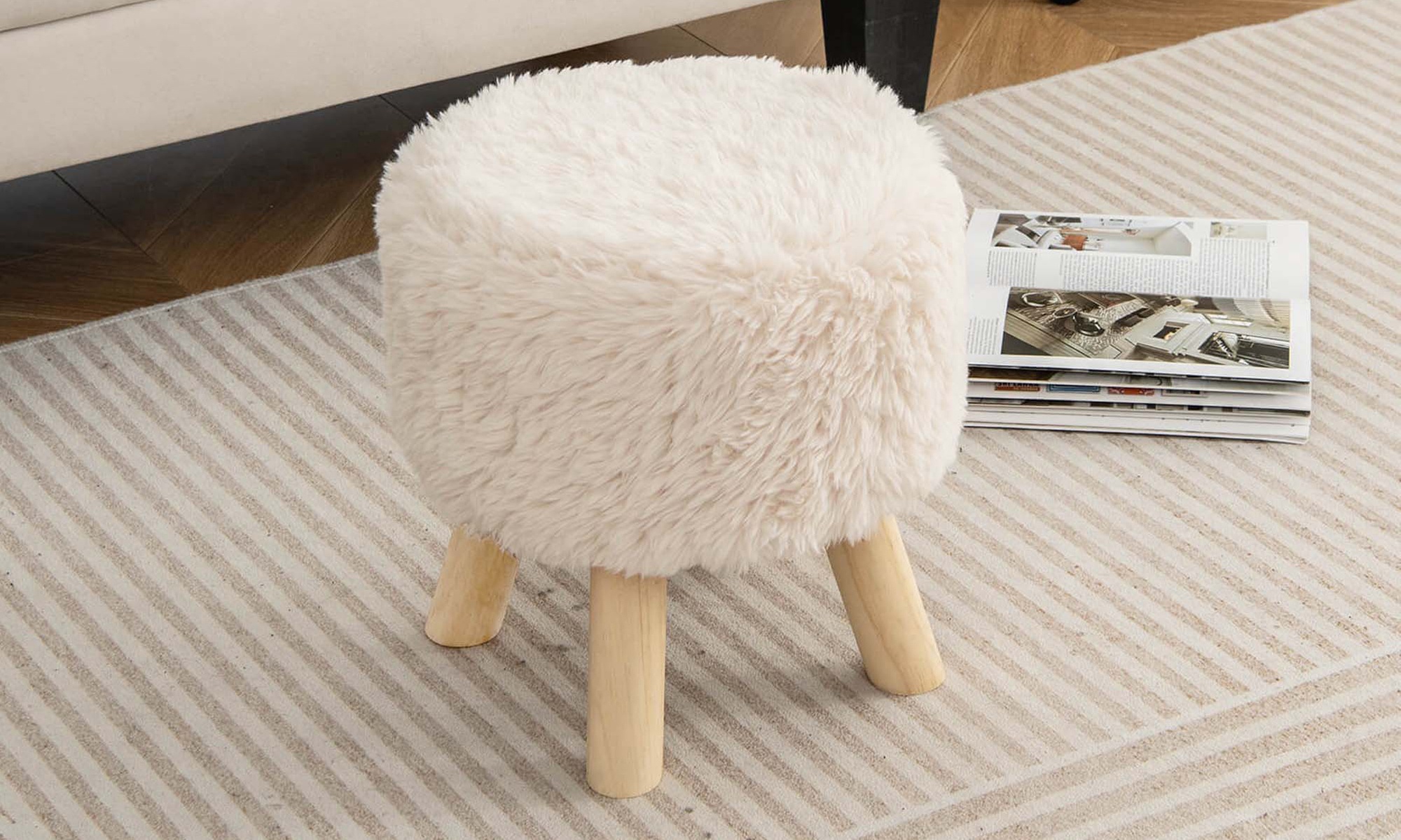 Costway Round Footstool Ottoman Faux Fur Upholstered Footrest with Padded Seat