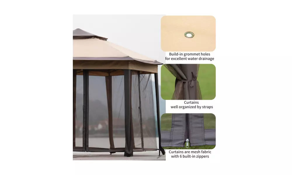 U-style Iron hexagon Patio Gazebo khaki