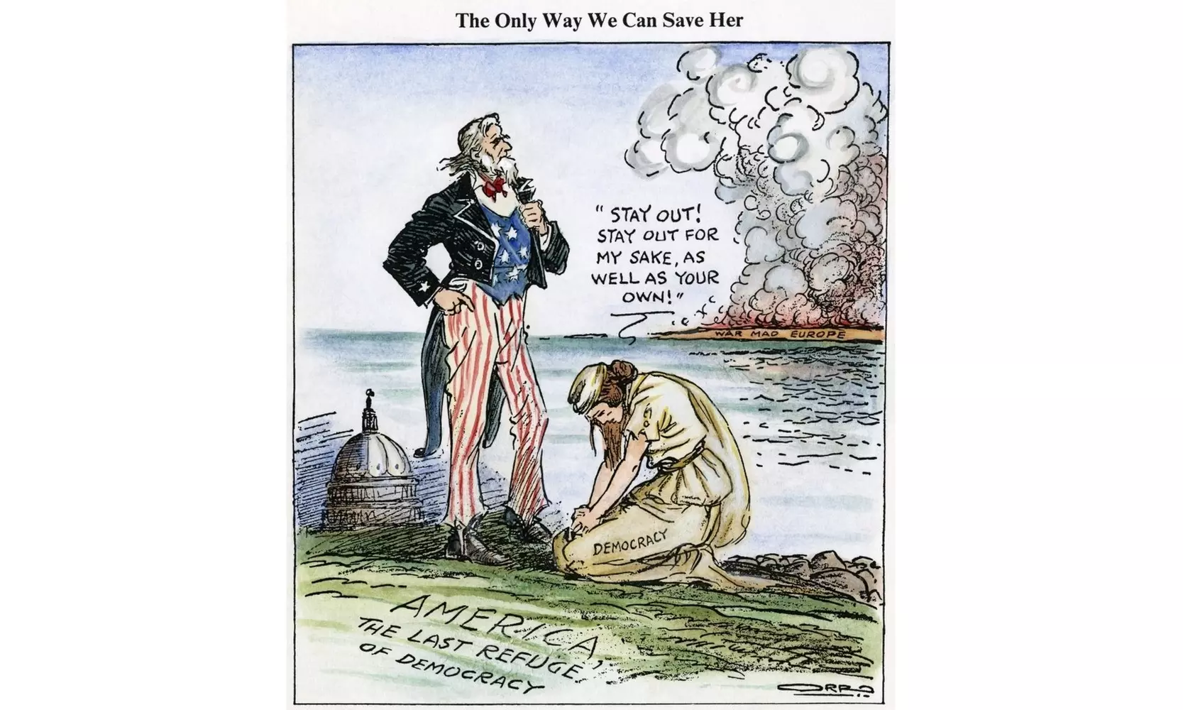 Cartoon Intervention  1939. 'The Only Way We Can Save Her  Democracy .' American - Primary Image