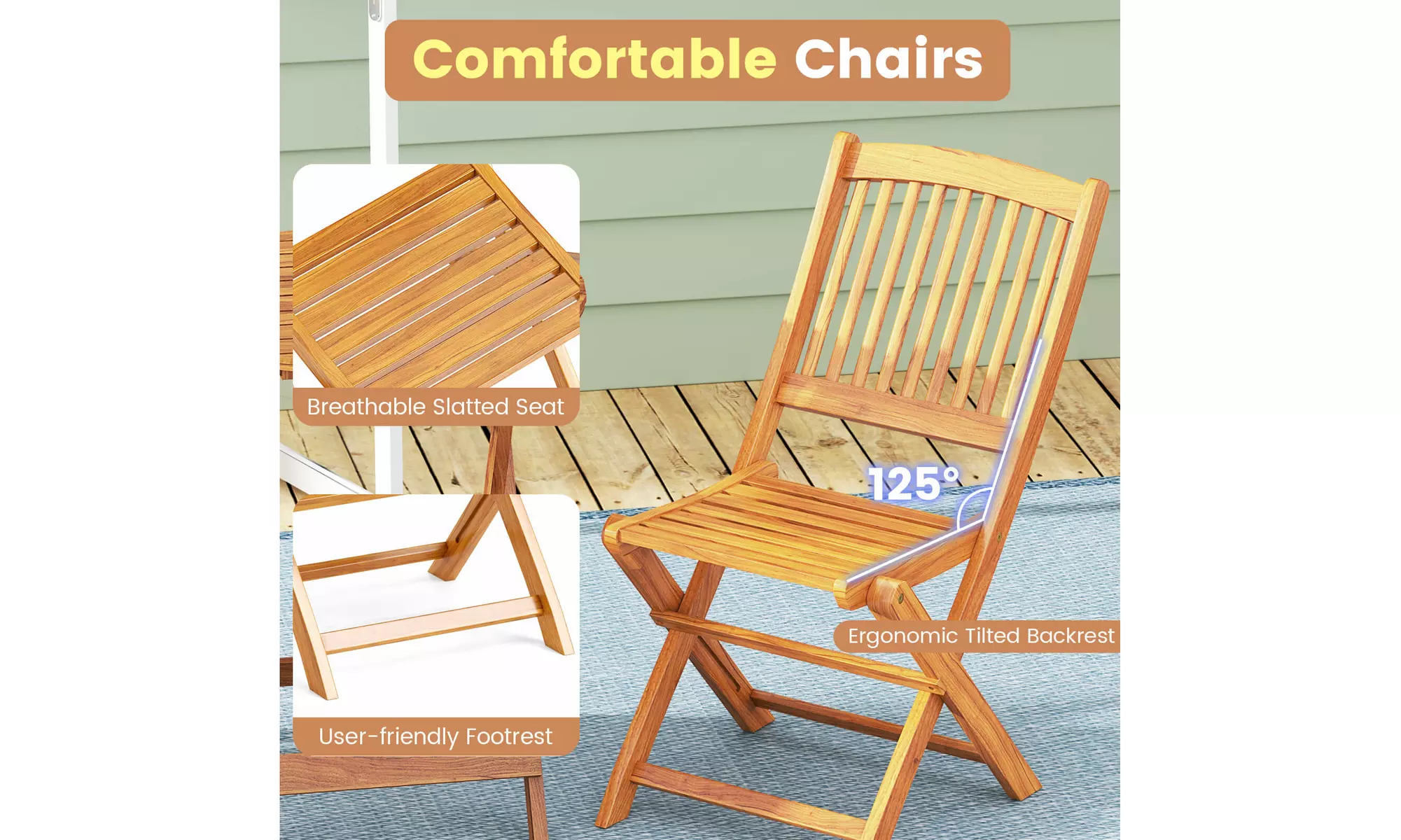 Costway Outdoor Folding Chairs Acacia Wood High-Back Chair with Seat Cushions