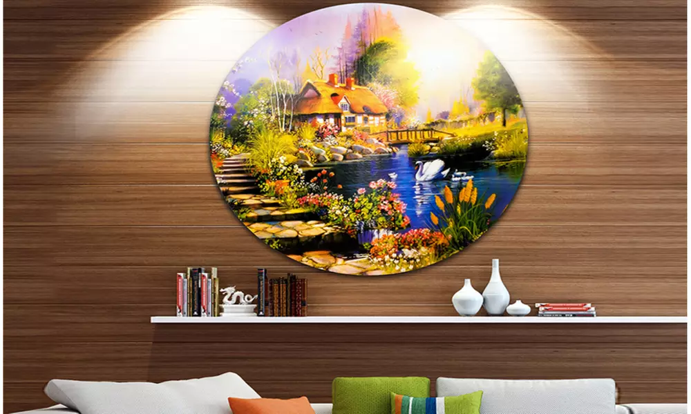 House near the Lake Swans' Landscape Metal Circle Wall Art - Primary Image