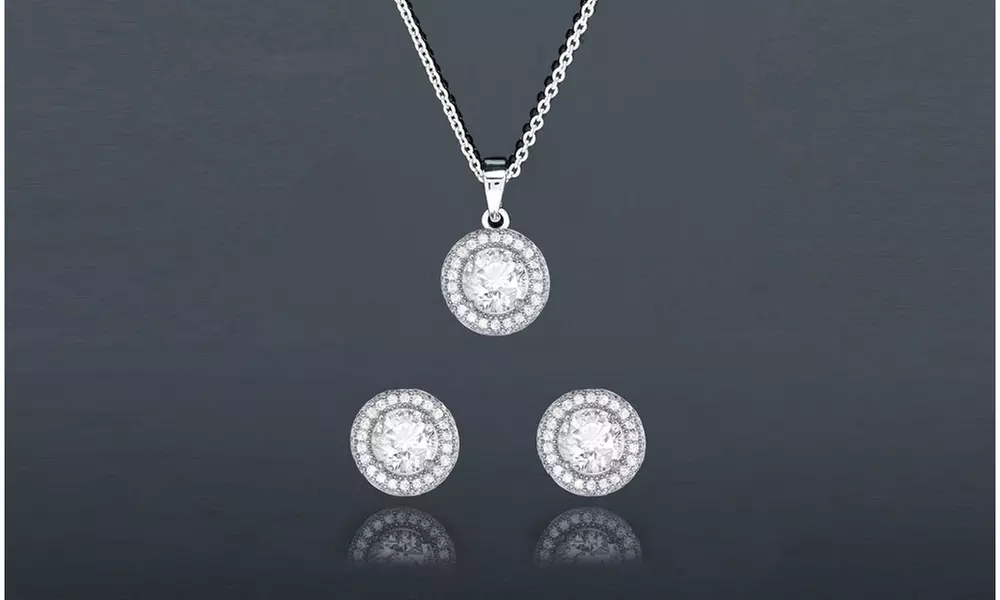 Cubic Zirconia Stones Halo Pendant and Stud Earrings Set (2 Pack) - Second Medium