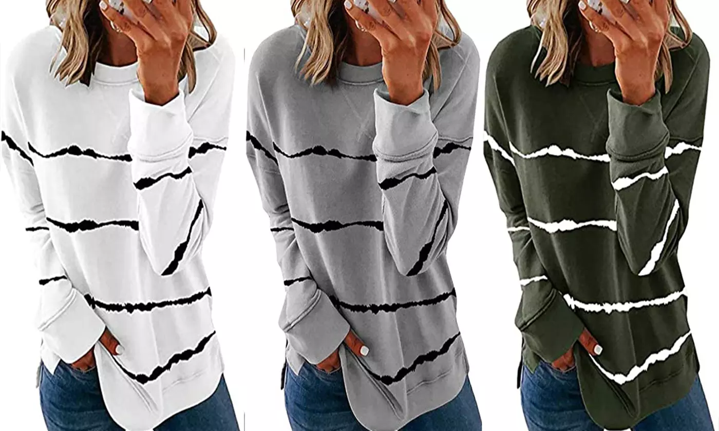 Womens Striped Long Sleeve T Shirts Casual Pullover Print Loose Fit Tops Tunics - Primary Image