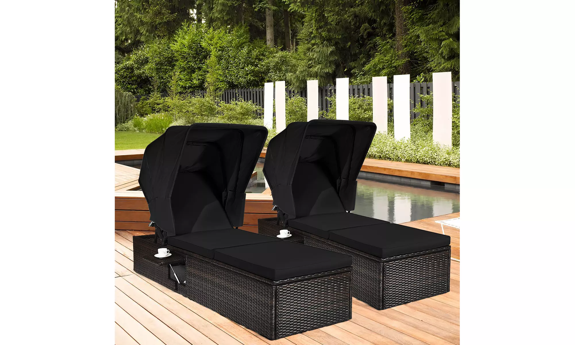 Costway 2PCS Patio Rattan Lounge Chair Chaise Cushion Canopy Adjustable Table - Primary Image