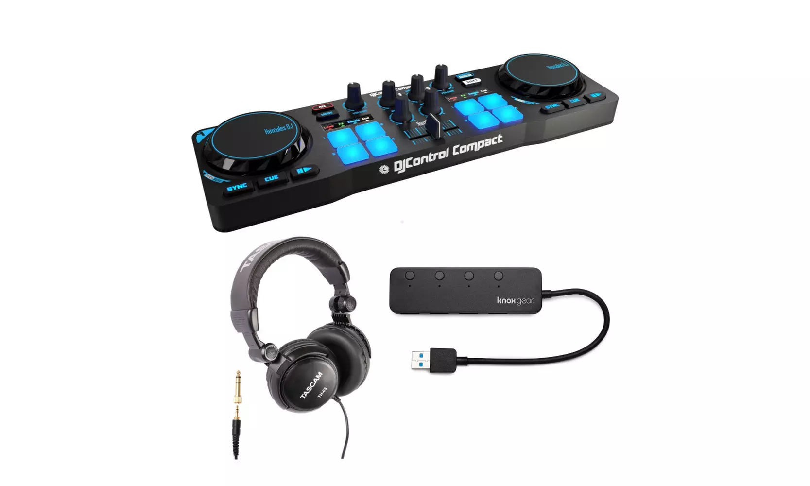Hercules DJControl Compact with Headphones and Knox 4 Port 3.0 USB Hub Bundle - Primary Image
