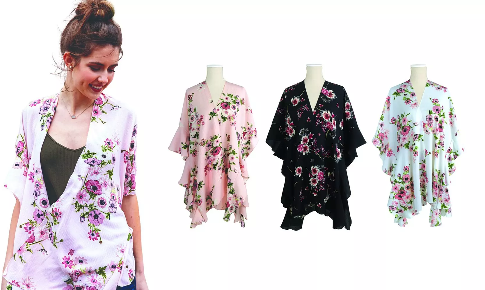 Women's Floral Print Ruffled Sleeve Sheer Chiffon Kimono Poncho - Primary Image