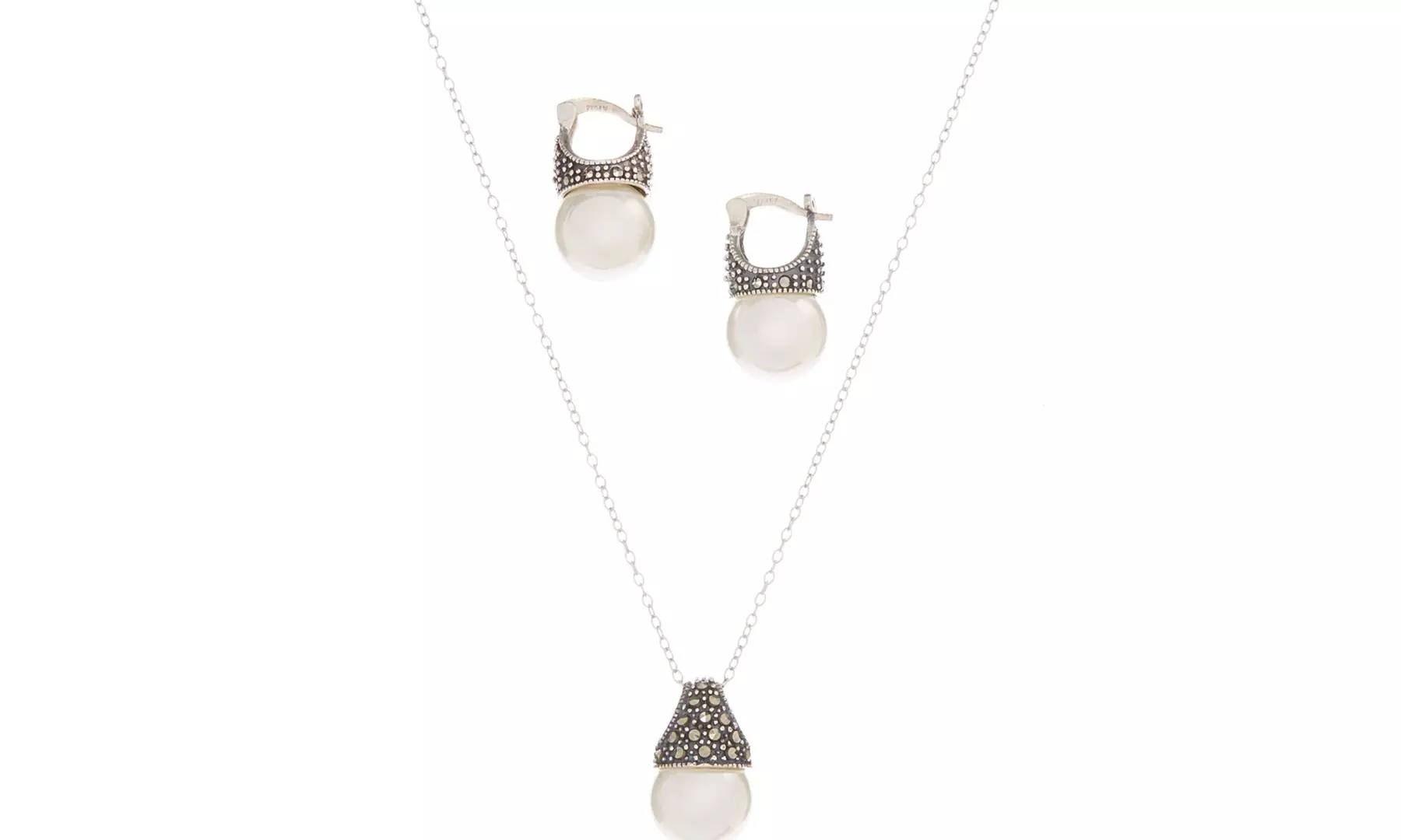 Genuine Marcasite Sterling Silver Pearl Or Turquoise Earring and Necklace Set
