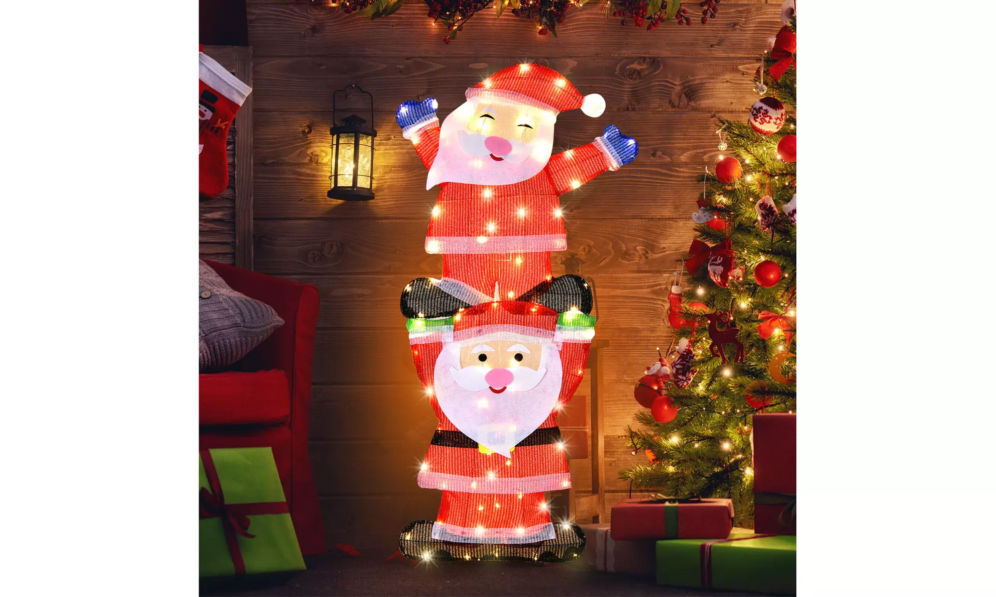 LED Double Santa Yard Sign Santa Christmas Decoration W/ String Lights & Stakes
