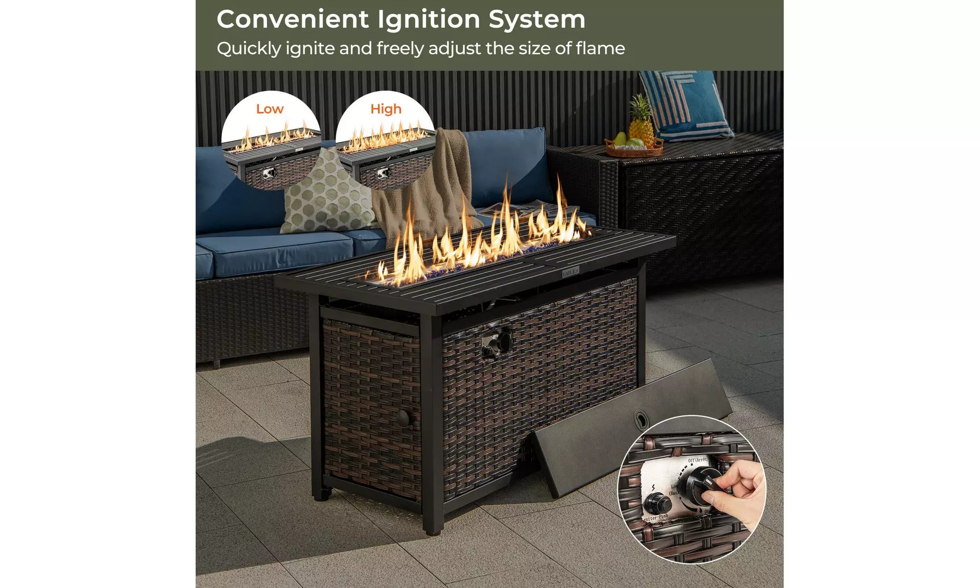 Costway 45" Propane Rattan Firepit Table with Glass Stones & Protective Cover