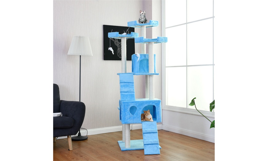 Image 16: 70'' Cat Tree Condo Sisal-Covered Scratching Posts Mouse Toy Pet Home Beige/Navy