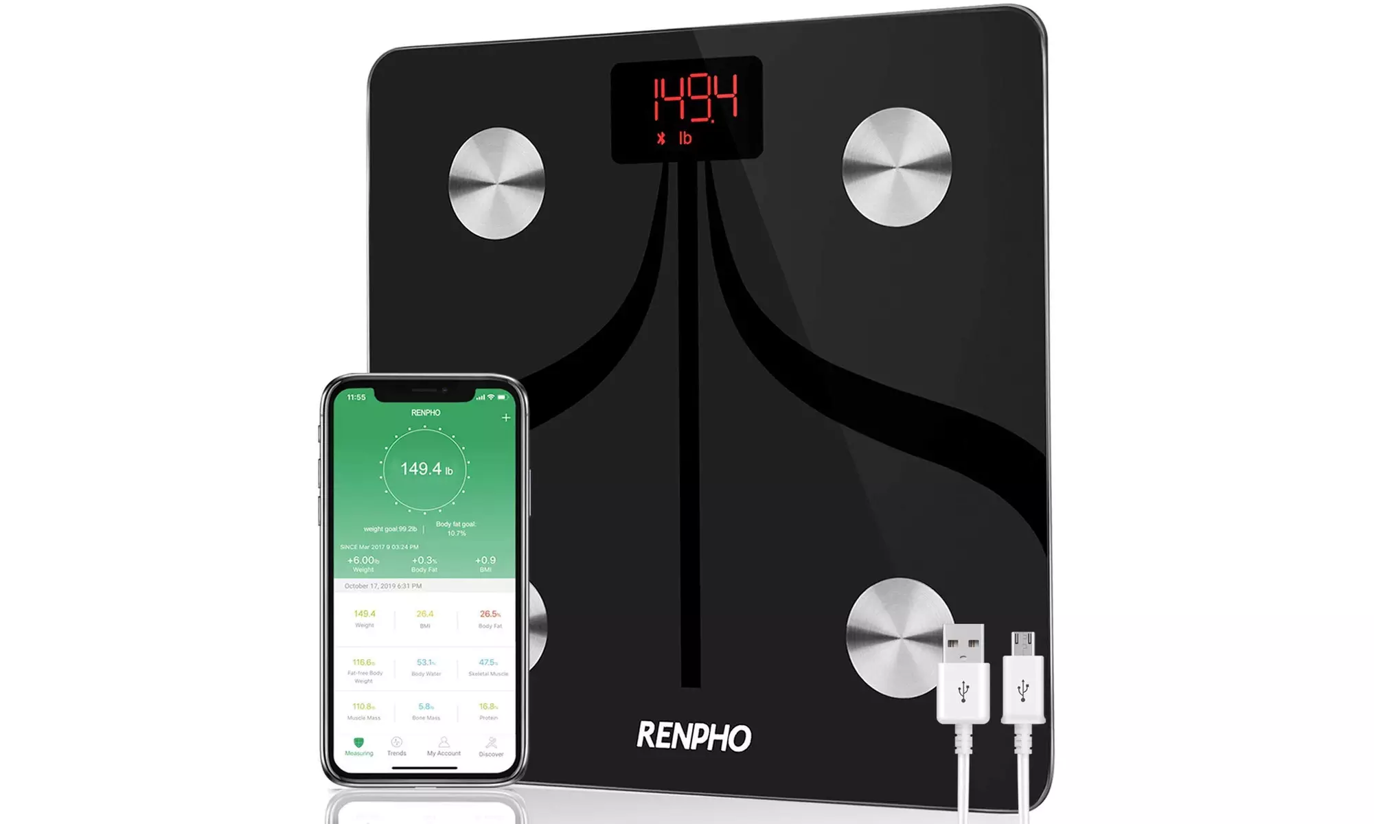 RENPHO Body Fat Scale Weight Bathroom Smart Digital Bluetooth Scale USB Pass - Primary Image