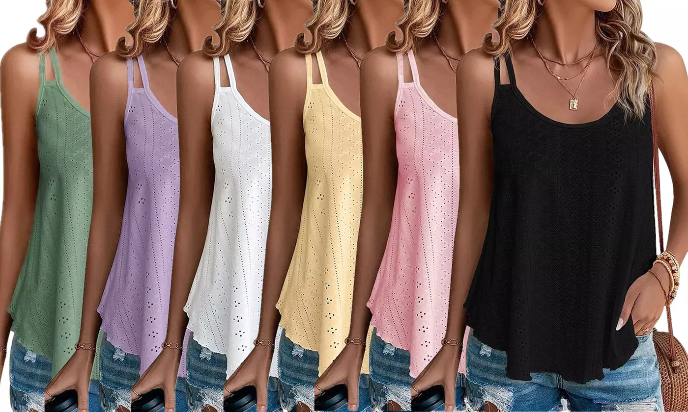 LESIES Women's Tank Eyelet Sleeveless Spaghetti Strap Tops Loose Fit Casual Cami - Primary Image