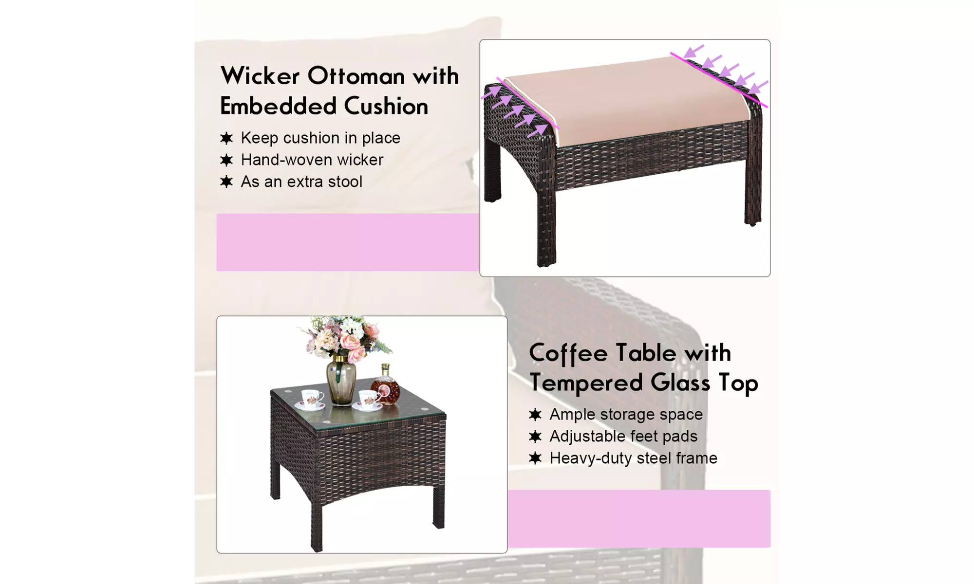5 PCS Patio Rattan Wicker Furniture Set Sofa Ottoman Coffee Table Cushioned Yard