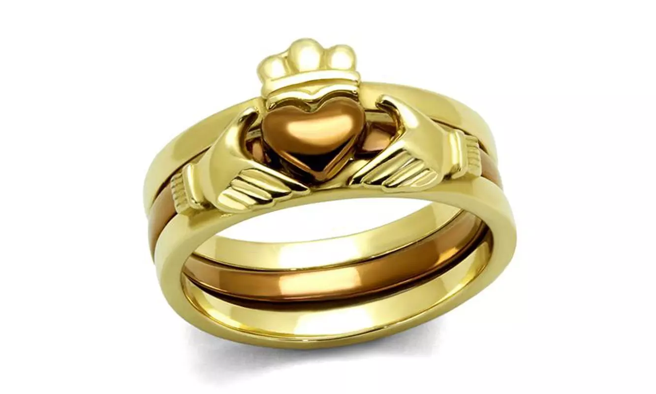 Women's Two-toned Gold & Brown Stainless Steel Claddagh Fashion Ring  - Primary Image