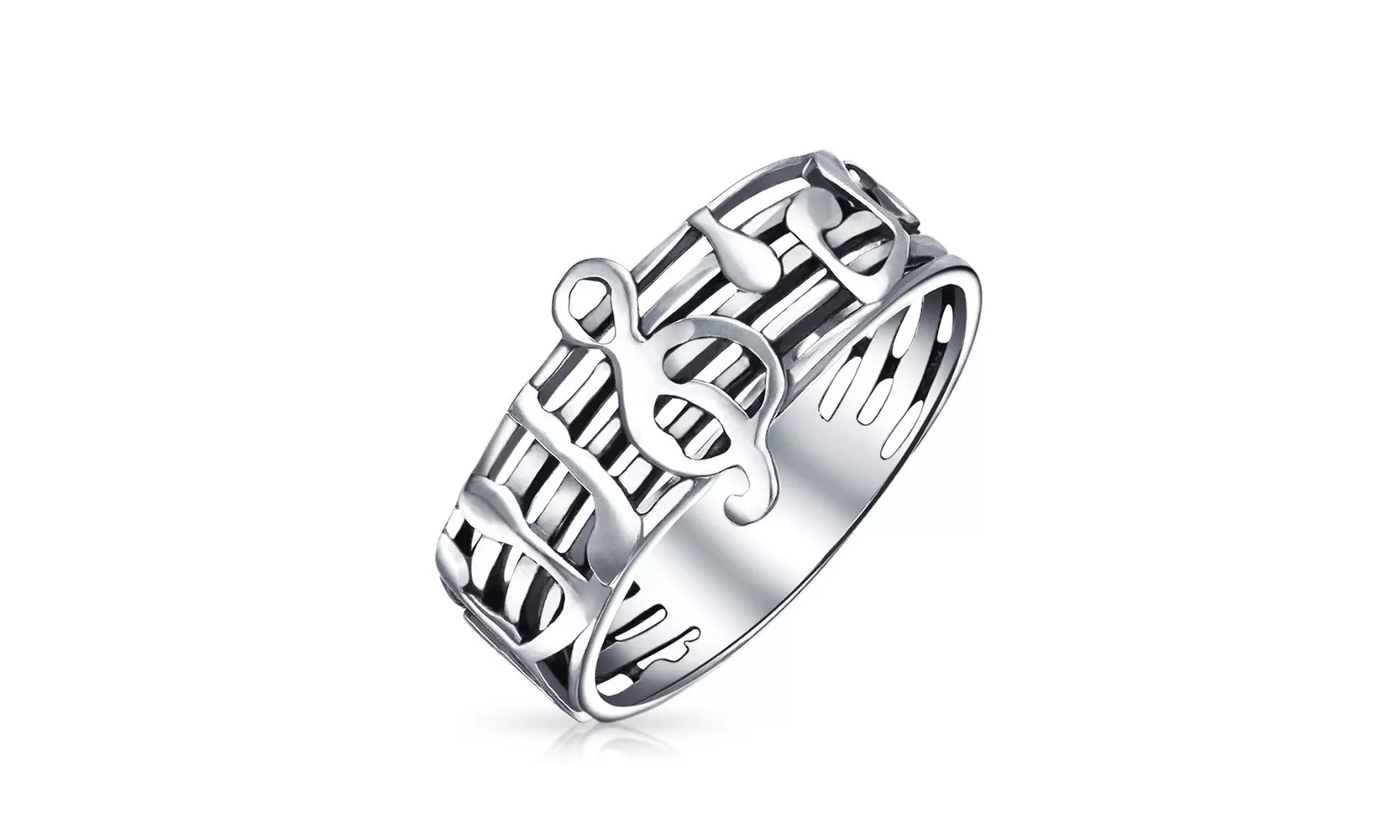 Music Notes Treble Clef Stelring Silver Band Ring - Primary Image