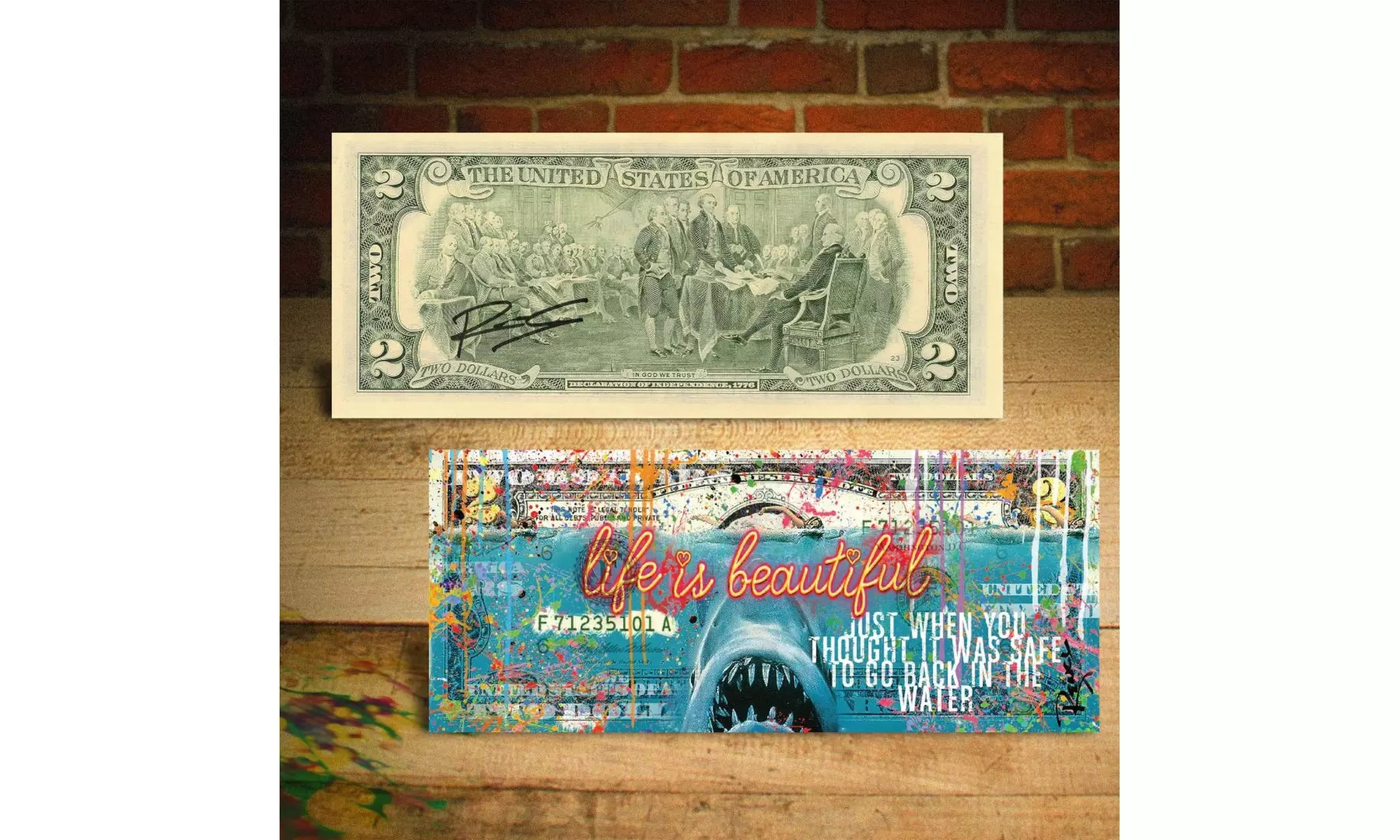 Jaws Great White Killer Shark 2 Dollar Bill Pop Art Hand-Signed by Artist Rency - Primary Image
