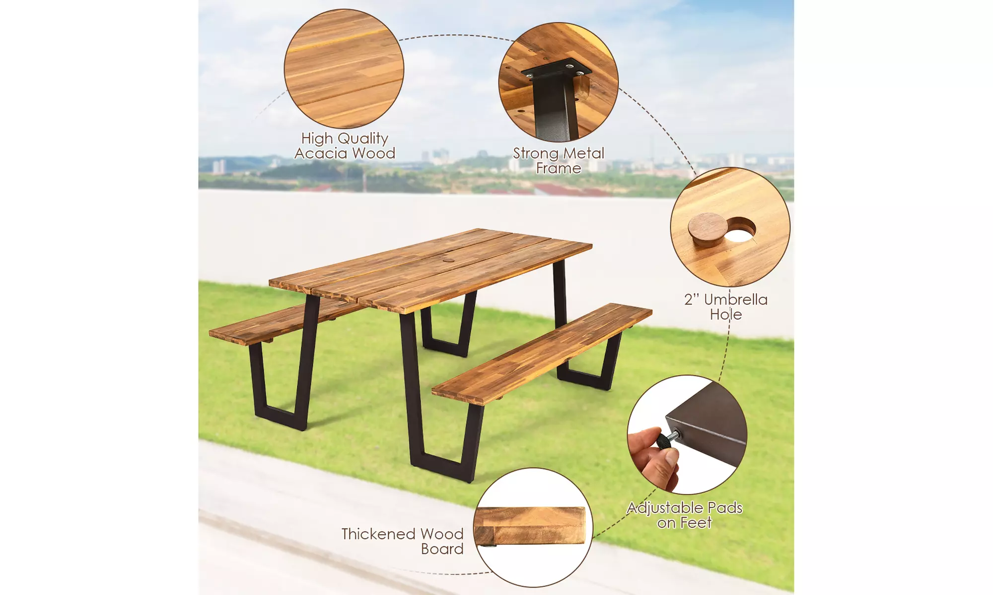 Picnic Table Bench Set Outdoor Camping Wooden 2 Built-in Benches w/Umbrella Hole