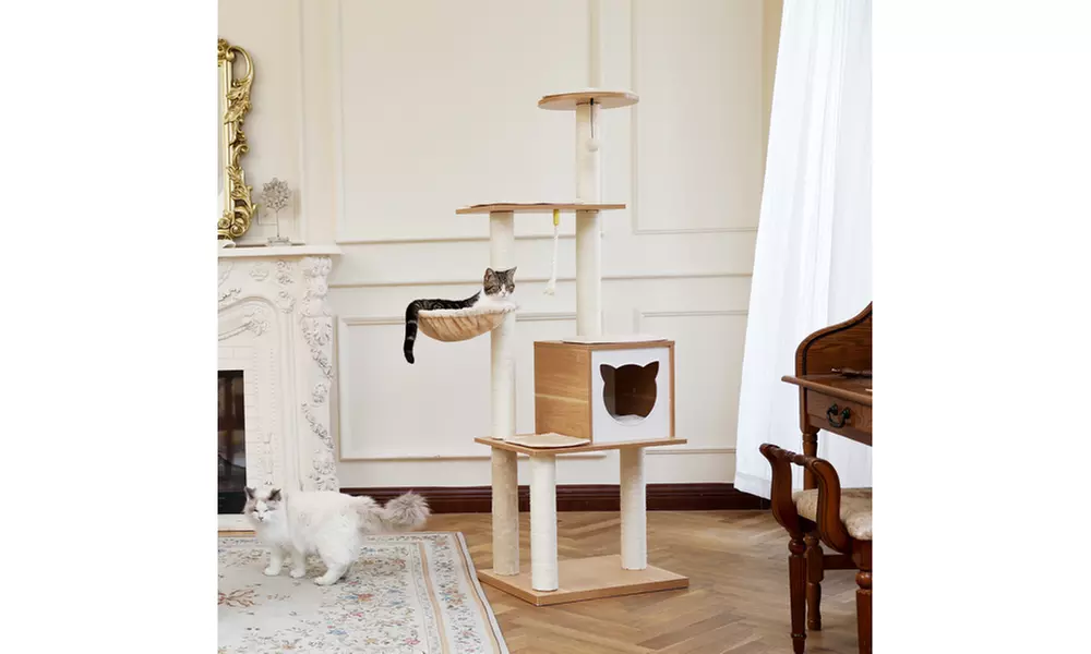 Wooden Cat Tree Multi-Level Cat Tower With Fully Sisal Covering Scratching Posts - Second Medium