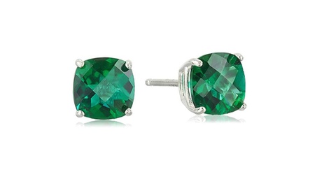 Paris Jewelry Sterling Silver 6mm Cushion Created Emerald Stud Earrings 6 MM Green Emerald Cushion 1 1/2 Ct White Gold